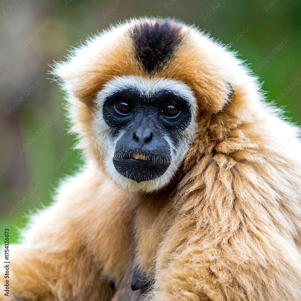 Obraz premium Close-up portrait of a primate with light fur and dark face, facing viewer