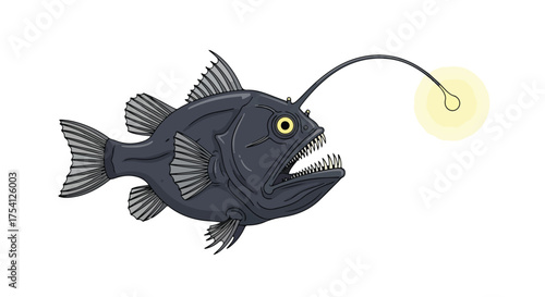 Illustrated deep-sea anglerfish with bioluminescent lure, depicting the mysterious creatures dwelling in the ocean's dark abyss, a realm of wonder