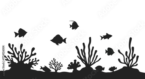 Monochrome aquatic world illustration showcasing stylized fish and coral reef silhouettes against white backdrop depicting marine life 150 characters