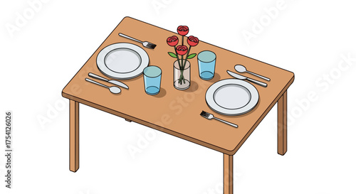 Cartoon depiction of an idyllic dinner setting with roses, plates, glasses, and cutlery, ready for a special occasion or celebration