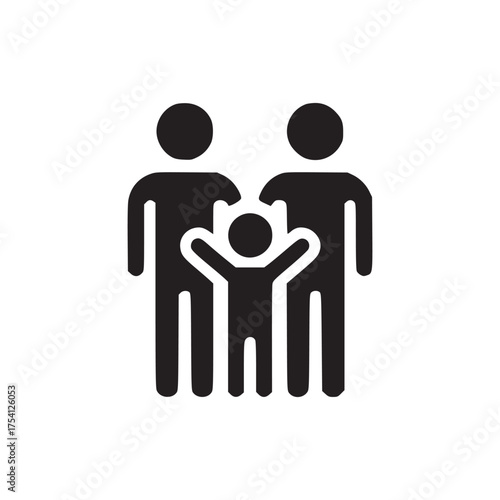 A simple graphic of a family consisting of two adults and a child on a white background symbol icon
