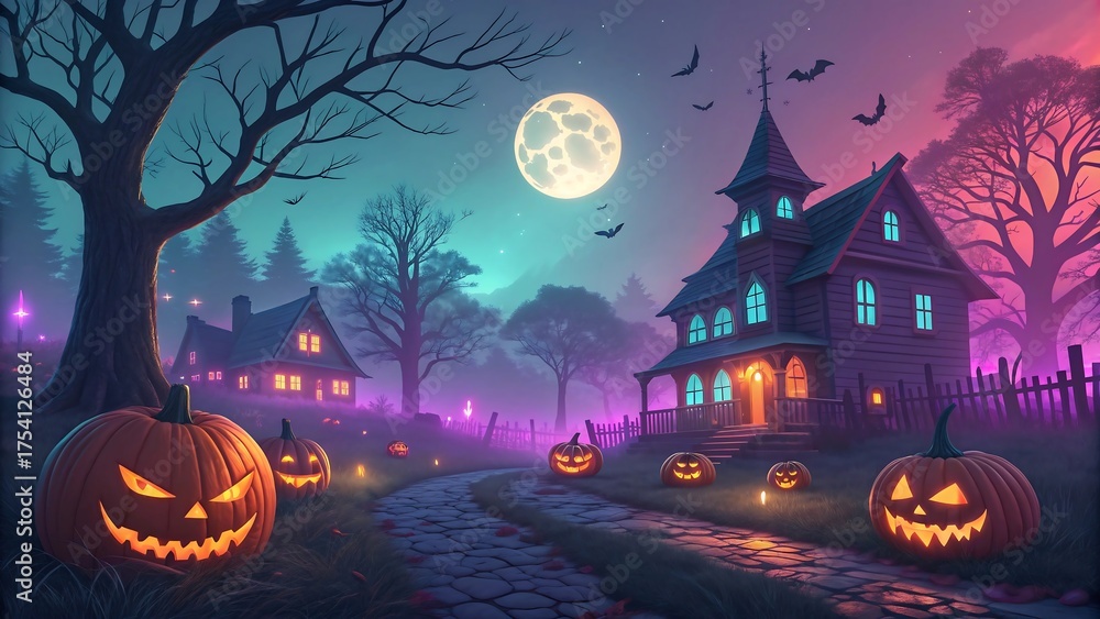 Fototapeta premium Festive and Eerie Halloween Village Scene with Full Moon and Colorful Lighting 4K Wallpaper 