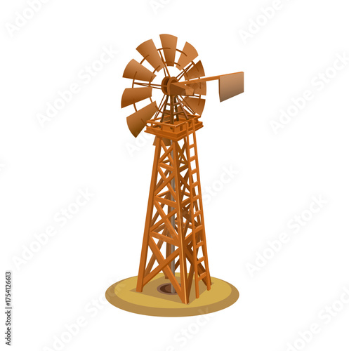 Old wooden windmill water pump illustration. Traditional rural farm equipment powered by wind, isolated on white background, ideal for agriculture and renewable energy concepts.