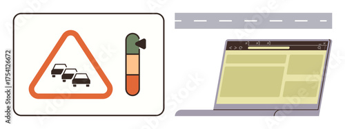 Warning sign with cars, congestion level indicator, and a laptop showing a dashboard. Ideal for automotive, traffic analysis, data monitoring, congestion control, urban planning, technology