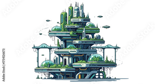 Illustration of a futuristic city concept with greenery and flying vehicles on a white background