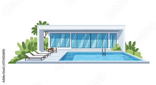 Modern villa with swimming pool and lush vegetation, a tranquil retreat for relaxation and luxurious living, promising serene moments and