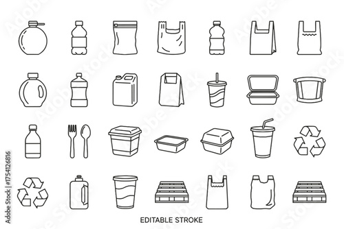 Plastic products and packaging line icon set. Thin line vector symbols for single-use items, waste, pollution, and recycling. Includes bottle, bag, container. Editable stroke.