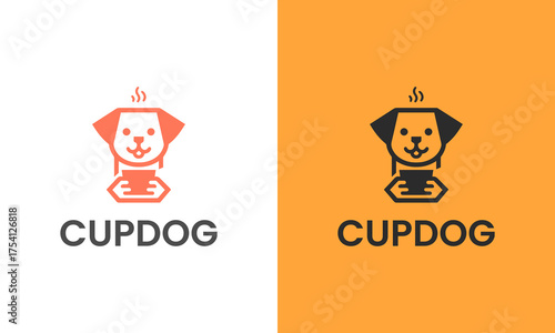 Cute cartoon dog holding a coffee cup, dog head logo design