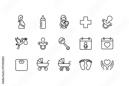 Pregnancy and baby care line icon set. Vector symbols for maternity, newborn, infant care, feeding bottle, pacifier, stroller, stork, health, calendar, and parenting concepts.