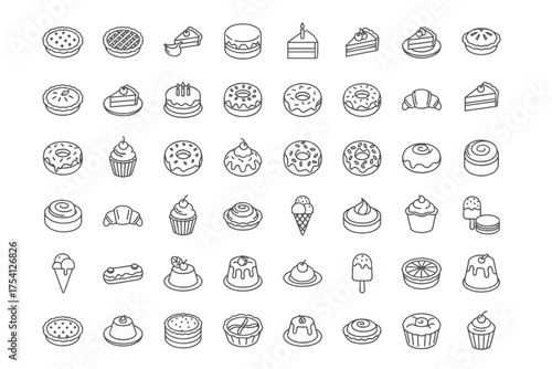Desserts and pastry vector line icons set. Big collection of sweet food symbols for bakery and cafe. Includes cake, pie, donut, cupcake, ice cream, and croissant.