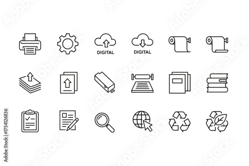 Printing line icon set. Digital and offset print shop service. Vector pictograms for typography, printer, paper, document, file. Web upload, download, recycling, eco friendly concept.