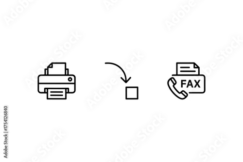 Printer to fax machine workflow icon. Office equipment for printing and sending documents. Vector line art symbol for communication technology, document transfer, and business process.