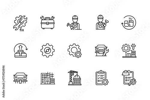 Repair and construction line icon set. Engineering, industry and development symbols. Car service, maintenance, fix, worker, toolbox, gear and checklist vector icons.