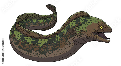 Detailed Illustration of a Camouflaged Moray Eel with an Open Mouth Showing its Sharp Teeth on a Plain Background