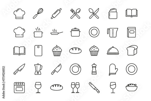 Big set of cooking and recipe line icons. Culinary, kitchen tools, utensils, food, baking and chef symbols. Editable vector pictogram collection for web and mobile app design.