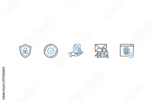 Cybersecurity and data privacy vector icon set. Thin line symbols for policy, compliance, GDPR, and regulations. Secure authentication, legal agreement, and protection icons.
