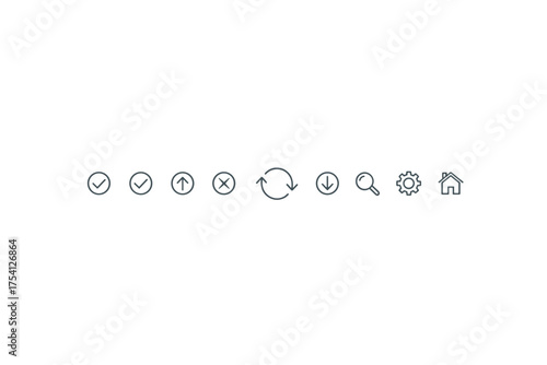 Web user interface line icon set. Thin line vector symbols for navigation and control. Refresh, update, search, settings, home, download, upload, check mark, and cancel icons.