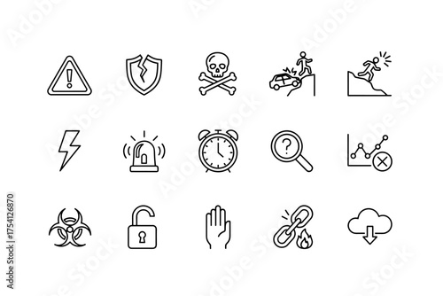 Risk management and safety warning vector icon set. Editable line symbols for danger, hazard, security failure, and emergency alerts. Contains biohazard, accident, and deadline.