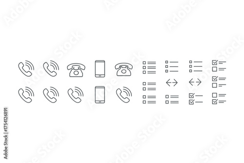 Phone icon set for communication and tasks. Ringing telephone, smartphone, contact icons. Web and mobile UI UX elements. To-do list, checklist, and ordering line icons.