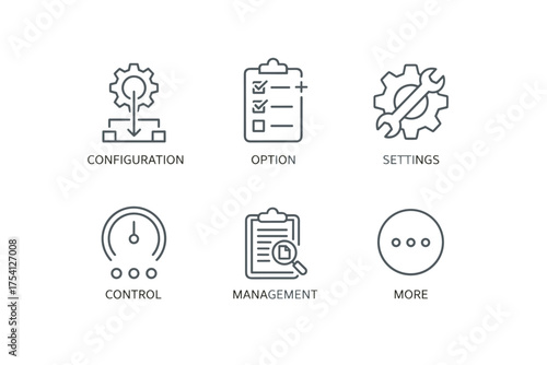Setting setup icon set with configuration gear, checklist options, system settings wrench, control dashboard, management document review, and more menu icons for UI design.