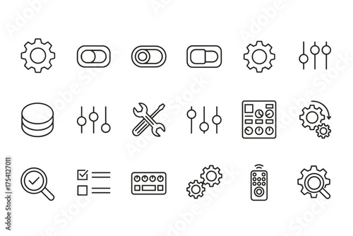 Vector settings line icon set. Configuration, setup, and control panel symbols. UI elements for preferences, options, and adjustments. Gear, switch, slider, tools, and database.