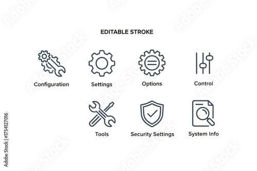 Settings and setup editable stroke line icon set. Vector configuration, options, control, and tools. UI UX interface icons for app and website with security and system info.