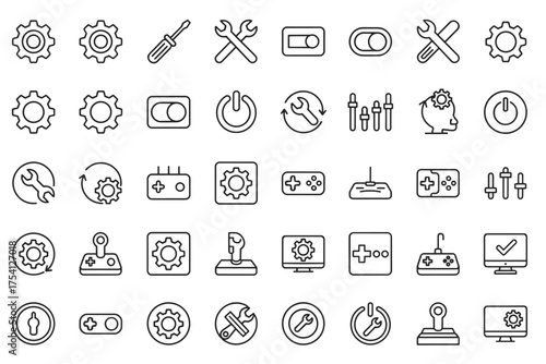 Settings and options line icon set for user interface. Vector collection of gear, tools, and control elements. Game controller, power button, and configuration symbols.