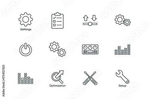 Settings and options line icon set. Vector collection of configuration, setup, and optimization symbols. Includes gear, control panel, tools, and UI elements for web and apps.
