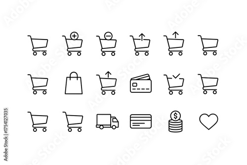 Shopping cart icon set vector. E-commerce line icons. Includes trolley, add and remove from basket, checkout process, credit card payment, delivery truck, and wishlist heart.