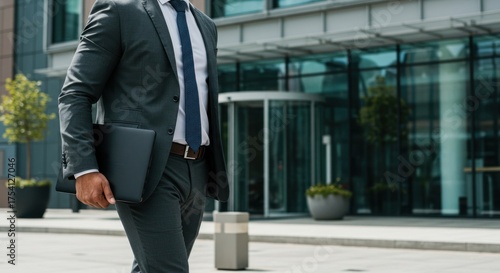 Businessman in suit walks near office building carrying laptop looking confident.
