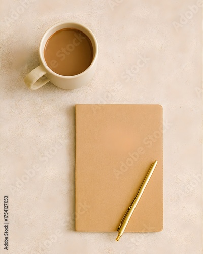 Minimal Coffee Flat Lay with Notebook and Gold Pen