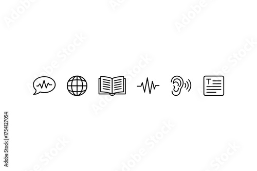 Language learning and communication skills icon set. Simple outline stroke vector icons for speaking, reading, writing, listening. Global translation and international study concept.