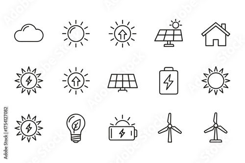 Solar energy icon set. Renewable power concepts. Line art icons of sun, solar panel, wind turbine, battery, and house. Green, clean, and sustainable technology vector symbols.