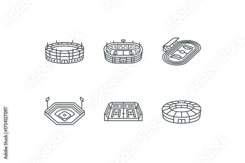 Set of sports stadium and arena isometric line icons. Vector collection of outline illustrations for football, soccer, baseball, track and field, and tennis court concepts.