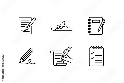 Writing signature line icon set. Contract signing and autograph concept. Note taking, journaling, to do list, and document management symbols. Editable stroke vector icons.