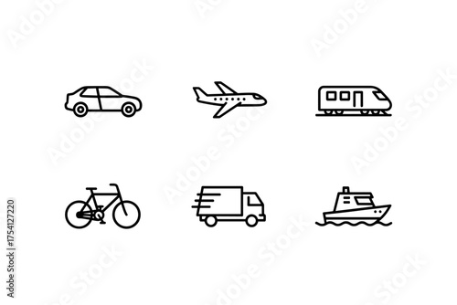 Transport and vehicle outline icon set. Includes car, airplane, train, bicycle, truck, and ship. For web, app, logistics, delivery, travel, public transport, and cargo.