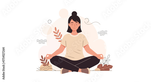 Harmonious Zen: Woman practicing mindfulness and yoga for stress relief and mental wellness in natural surroundings and tranquil environment