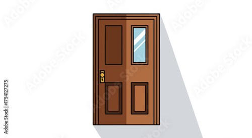 Stylized brown wooden door with glass window and dark outline against a white backdrop and simple shadow effect