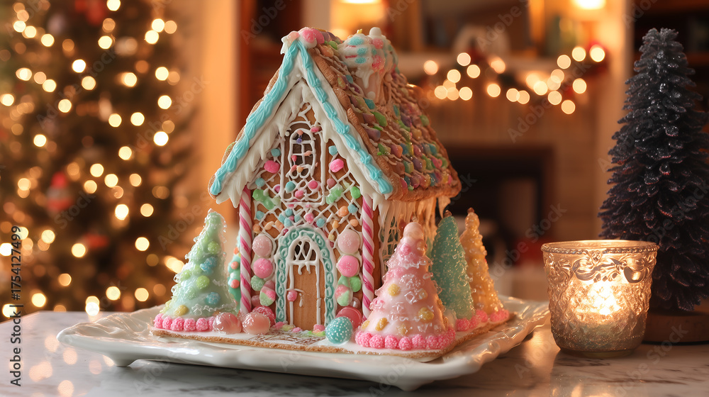 Fototapeta premium Festive gingerbread house decorated with pastel candy and icing, surrounded by sugar trees, illuminated by a Christmas tree.