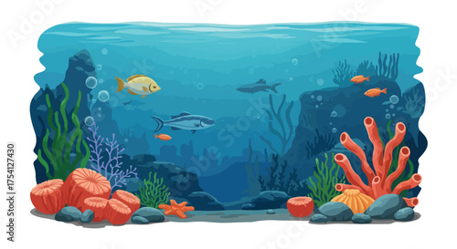 Vibrant underwater ecosystem illustration featuring fish, coral and aquatic plants, with a stylized cartoon-like aesthetic