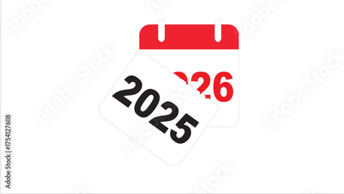 Torn calendar shows 2025 year ending and 2026 year beginning now. Suitable for new years concepts, time management, planning, and new beginnings visuals.
