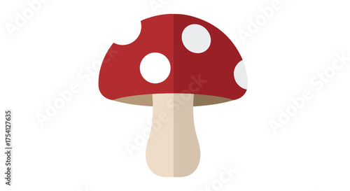 Stylized toadstool illustration featuring classic red cap and symmetrical white polka dots against a stark white background