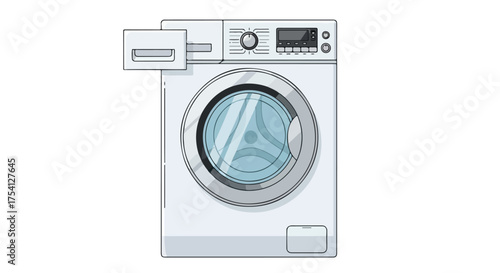 Sleek and modern front-loading washing machine illustration against a clean white background promoting innovative home appliance design