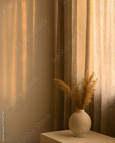 Minimal Interior Scene with Linen Curtains and Dried Plants