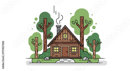 Quaint woodland cabin illustration amidst serene trees, conveying tranquility and retreat surrounded by nature's simplicity ideal for relaxation and