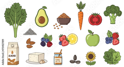 Colorful vegan food arrangement featuring diverse plant-based ingredients for a healthy lifestyle and balanced diet inspiration