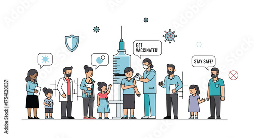 Promoting vaccination campaigns and safety measures for a healthy community and prevent disease spread with doctor administering shots to kid