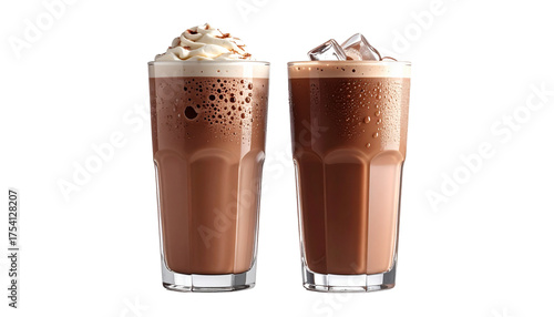 Two tall glasses of iced chocolate milk with dripping condensation, front view isolated on transparent background