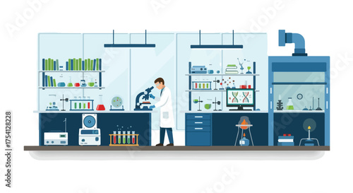 Scientist conducting research in a modern laboratory with various scientific equipment and tools, flat vector design for medical and science fields
