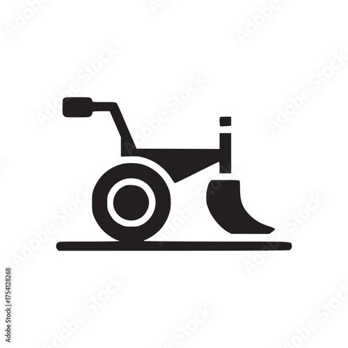 Isolated dark silhouette of a plow with a wheel and handle on a white background in simple style